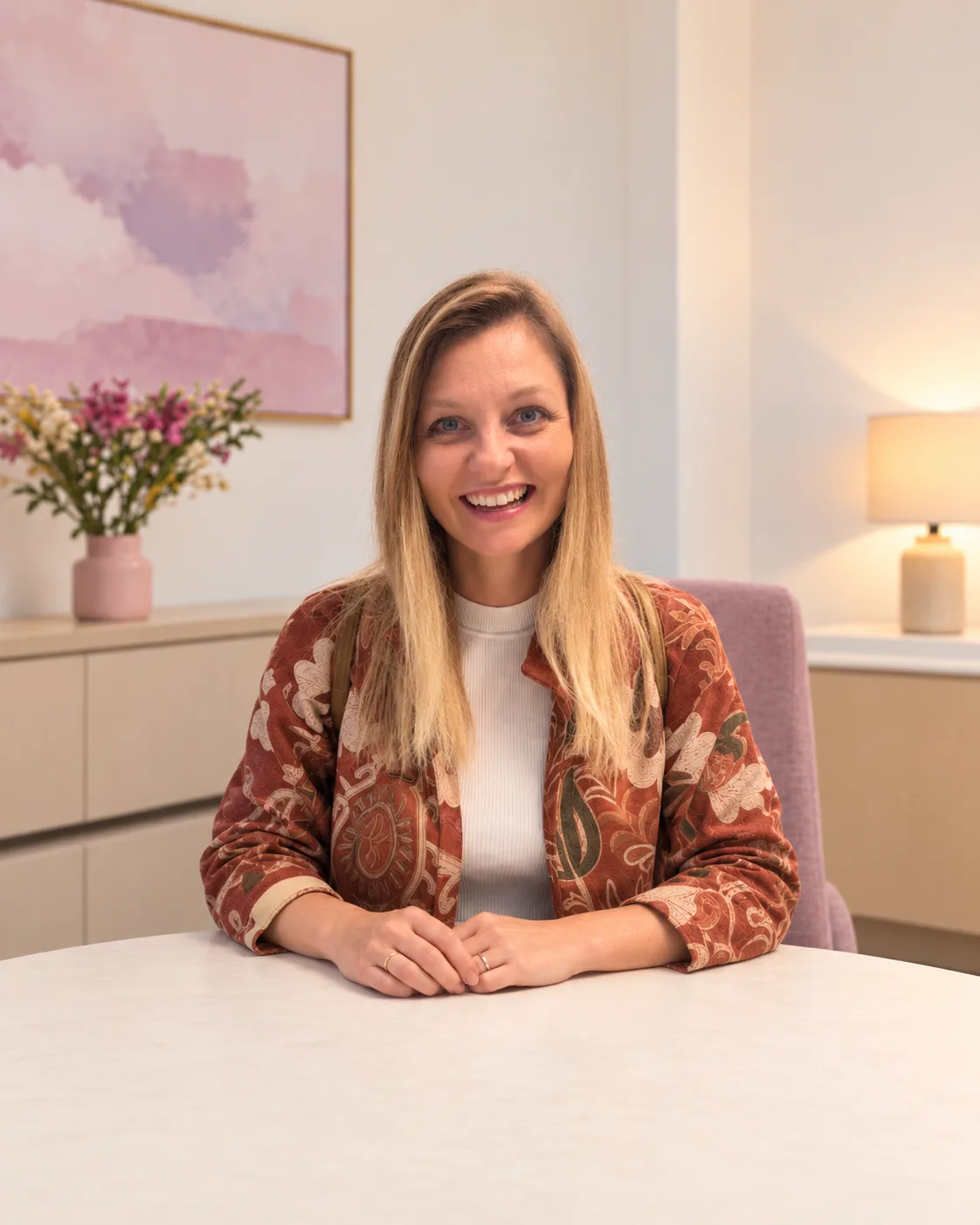 Stefanie mit entspannt auf dem Tisch ruhenden Händen – nach ihrem Originalfoto gestaltet
